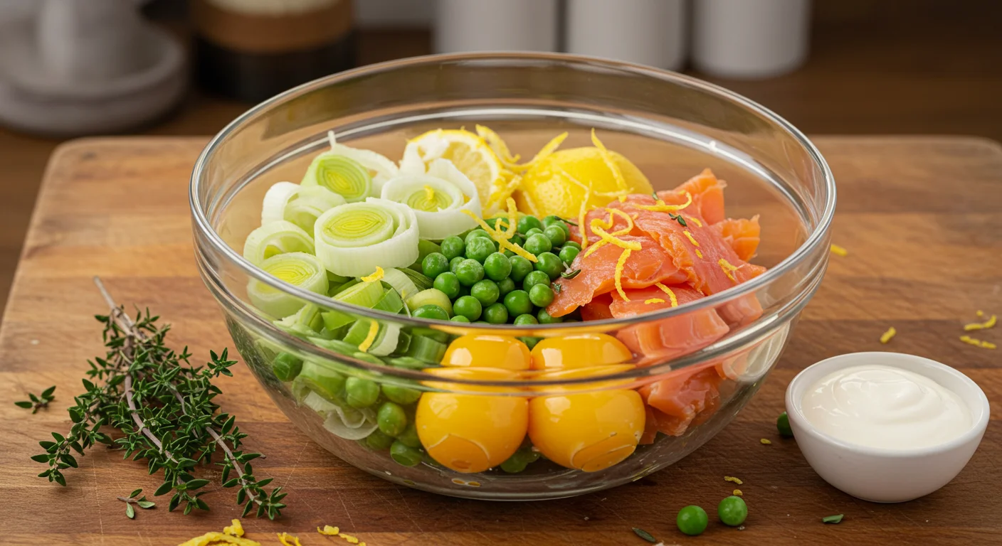 Keto Eggs & Smoked Salmon Fresh keto recipe ingredients in a glass bowl: leeks, peas, salmon, eggs, cream, and thyme on a rustic counter.