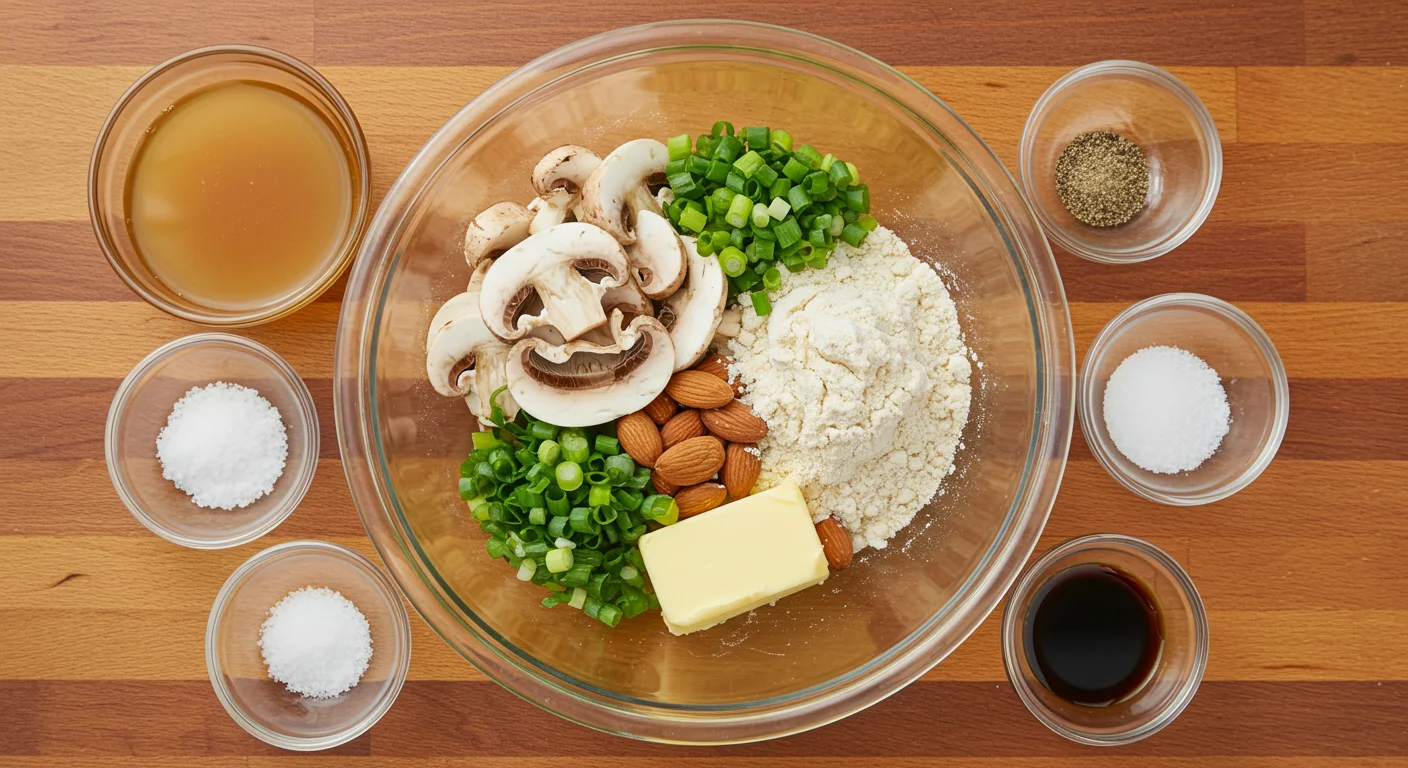 keto Beef Tenderloin and Mushroom Sauce Ingredients for keto Beef Tenderloin and Mushroom Sauce in a glass bowl on a wooden countertop, including mushrooms, green onions, almond flour, butter, and seasonings.