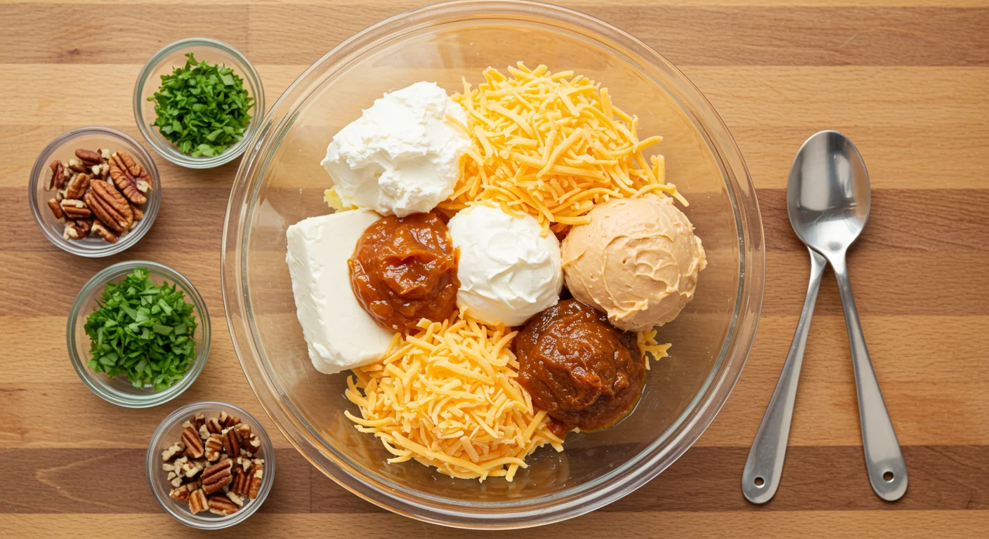 keto Cheese Balls Keto cheese ball ingredients in a glass bowl on a wooden countertop with parsley, pecans, and a spoon nearby.
