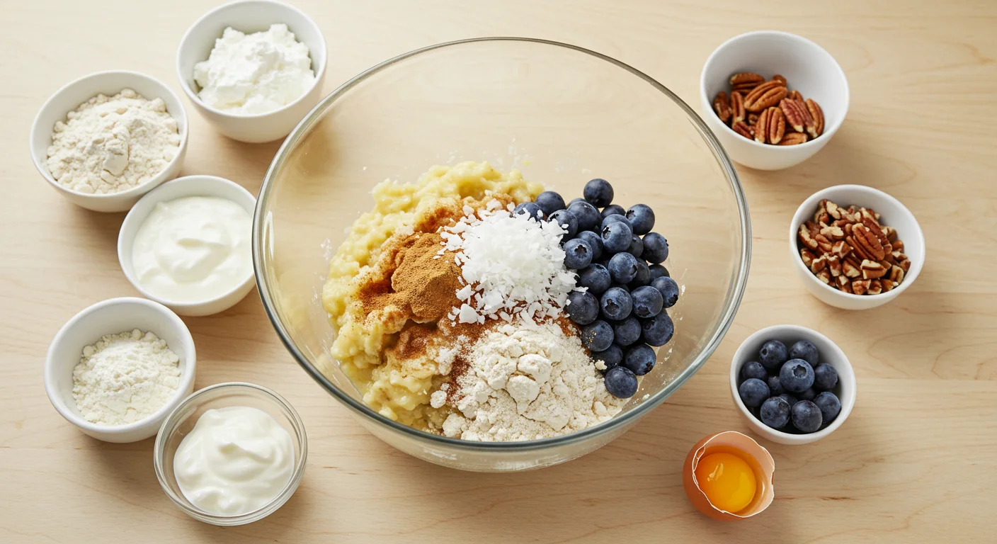 WW Blueberry Banana Breakfast Glass bowl with mashed banana, blueberries, coconut, and pecans, surrounded by small bowls of flour, yogurt, and other ingredients on a kitchen counter.