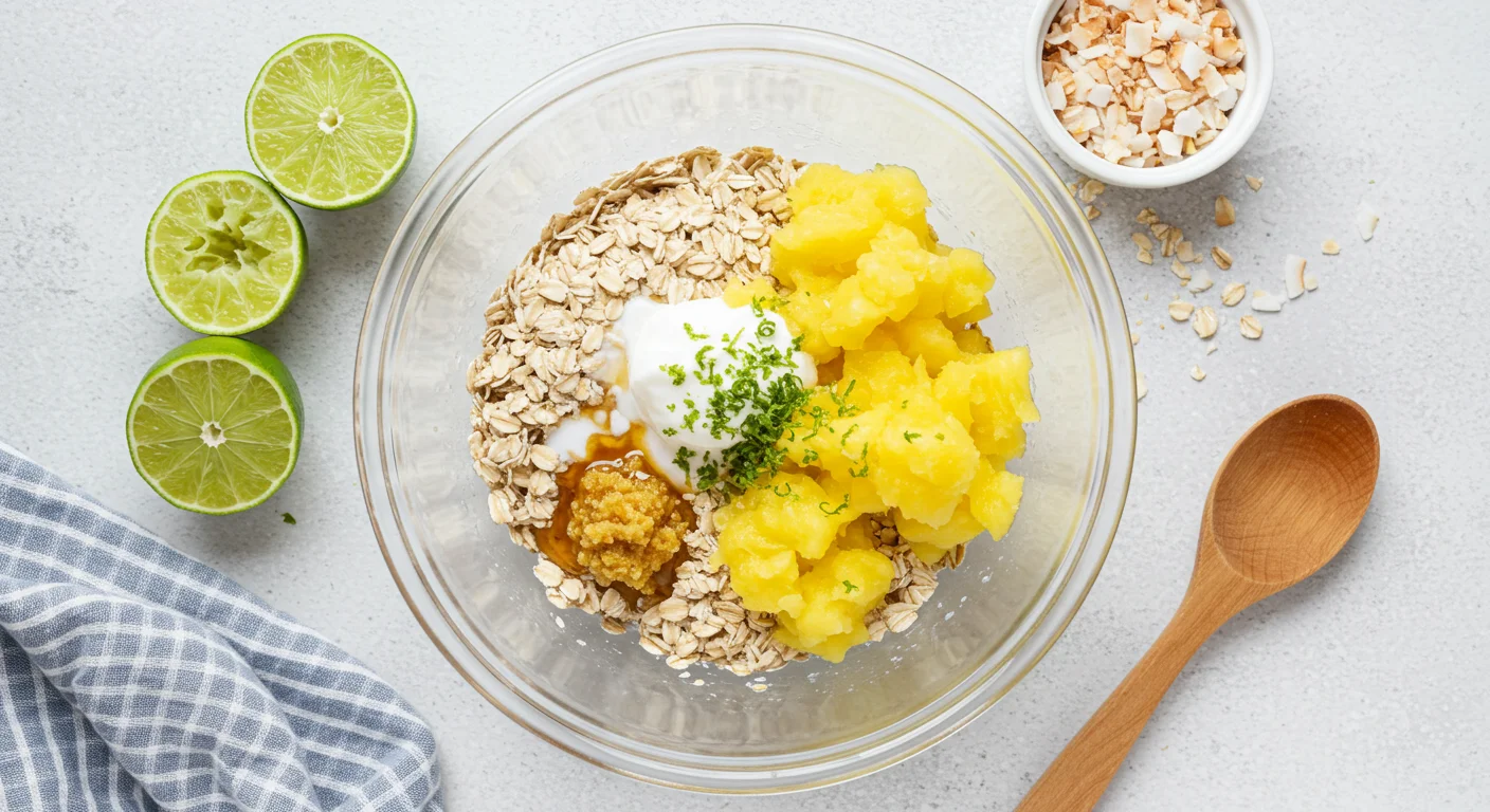 WW Coconut Lime Oats Ingredients for WW Coconut and Lime Overnight Oats in a glass bowl with oats, coconut milk, pineapple, honey, lime zest, and coconut flakes on a bright countertop.