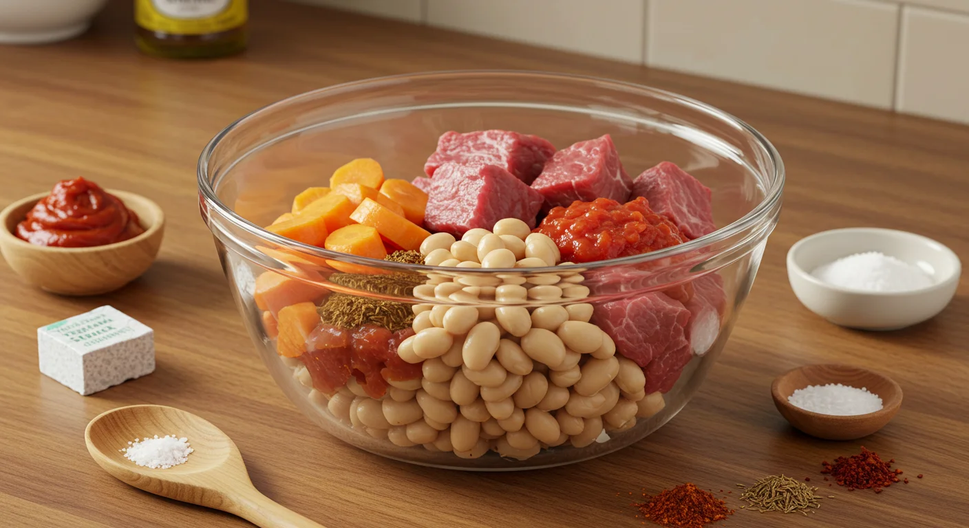 WW Spicy Goulash with Beans Ingredients for WW Spicy Goulash with Bean Stew in a glass bowl on a wooden countertop, including beef, beans, carrots, and spices.