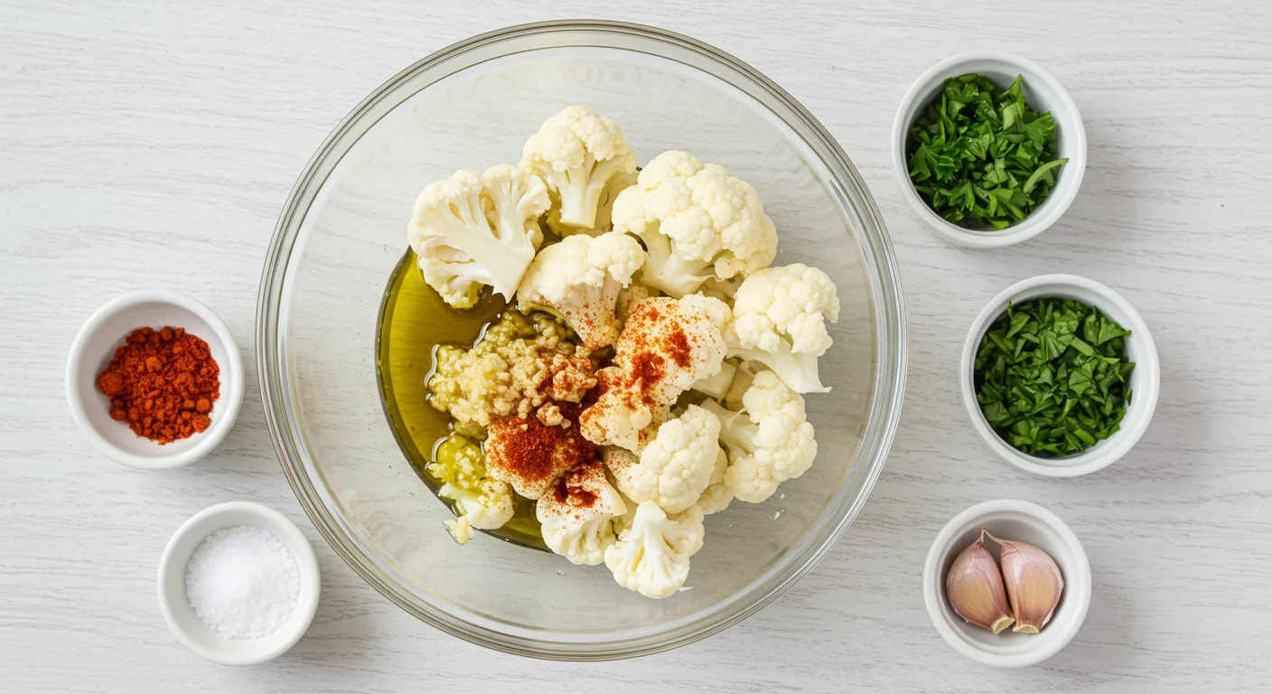 Keto Smoky Cauliflower Ingredients for keto smoky cauliflower in a glass bowl with parsley, garlic, and spices on a wooden table.