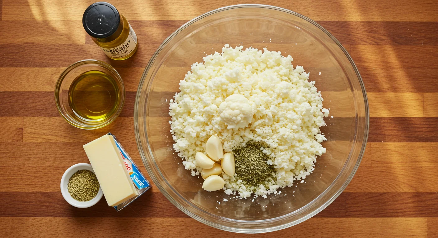 Keto Garlic Asiago Cauliflower Rice Glass bowl with cauliflower rice, Asiago cheese, garlic, butter, olive oil, and seasoning on a wooden countertop.
