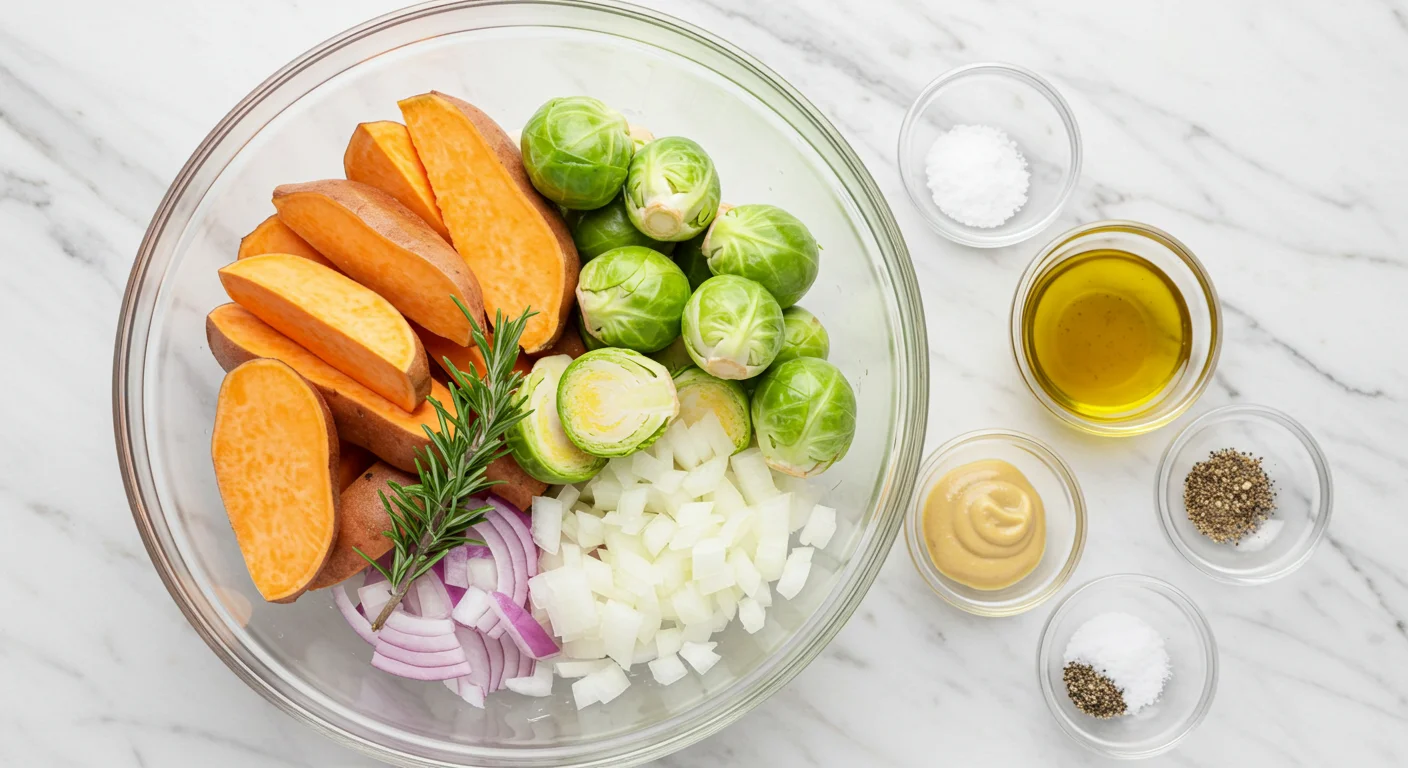 WW Rosemary Pork Ingredients for WW Rosemary Pork in a glass bowl with sweet potatoes, Brussels sprouts, onions, and rosemary on a marble countertop.