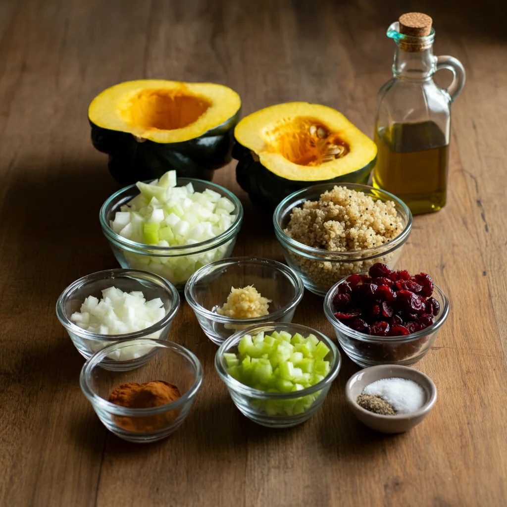 WW Quinoa Stuffed Acorn Squash Ingredients for quinoa stuffed acorn squash in glass bowls on a wooden countertop with a halved squash, olive oil, and maple syrup.