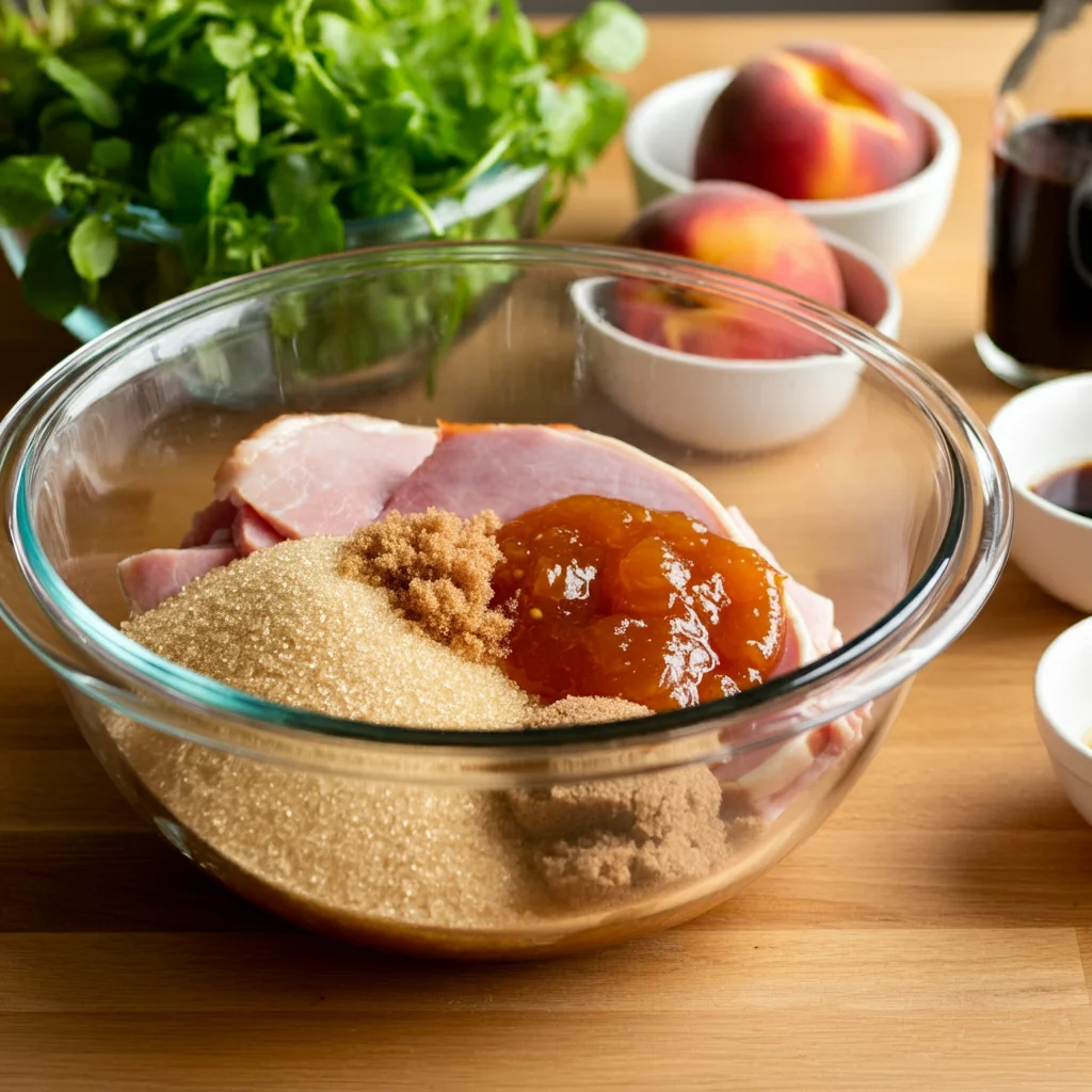 WW Orange-Glazed Ham with Grilled Peaches Glass bowl with orange marmalade, brown sugar, mustard, and orange juice, surrounded by cloves, peaches, and watercress on a wooden counter.