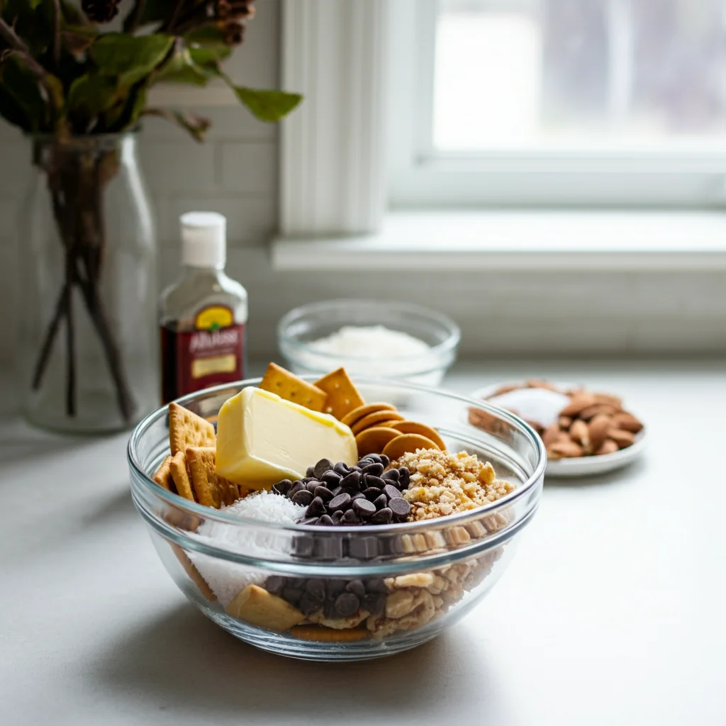 Keto Christmas Cracker Candy Ingredients for Keto Christmas Cracker Candy in a glass bowl on a bright kitchen countertop.