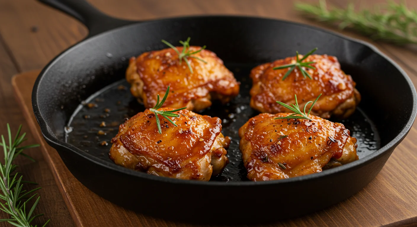 keto Fiery Sweet Chicken Thighs Handheld photo of keto fiery sweet chicken thighs in a cast-iron skillet, garnished with rosemary on a wooden table.