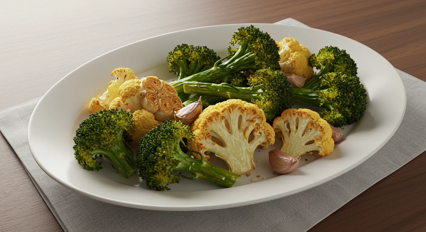 keto Roasted Broccoli and Cauliflower Roasted broccoli and cauliflower on a white plate, captured casually with a light grey napkin underneath.