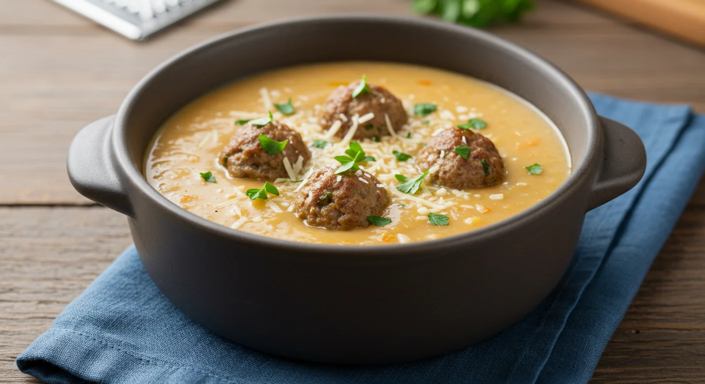 keto Meatball Soup Overhead view of keto meatball soup in a dark bowl with creamy broth, parsley garnish, and a spoon resting on the side.