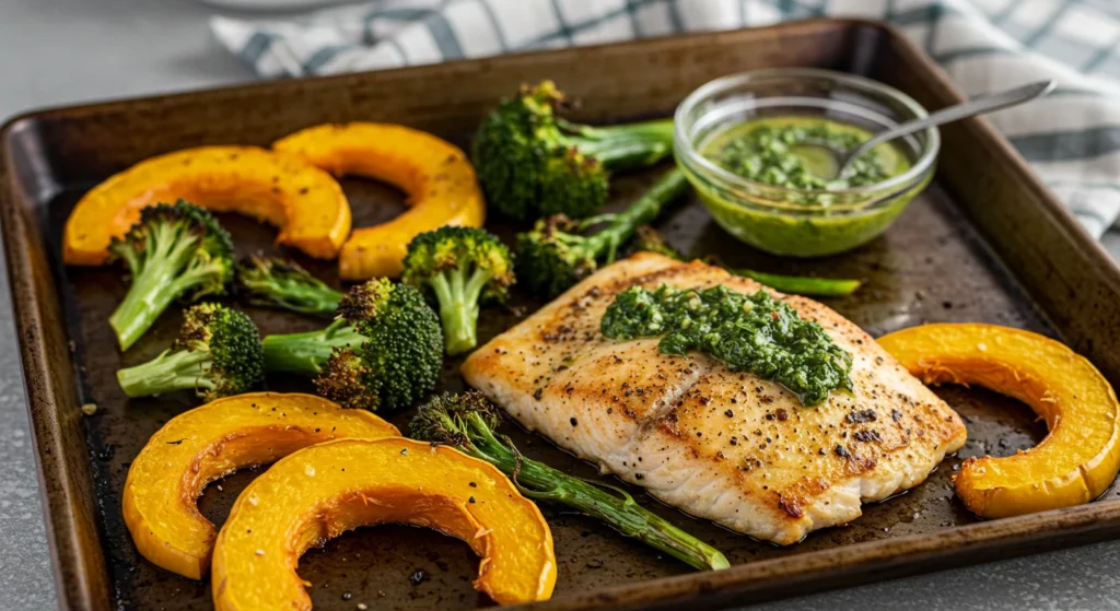 WW Chimichurri-Arctic Char & Vegetables WW Chimichurri-Arctic Char & Vegetables on a baking sheet with roasted squash, charred broccoli, and golden Arctic char, next to a bowl of chimichurri sauce.