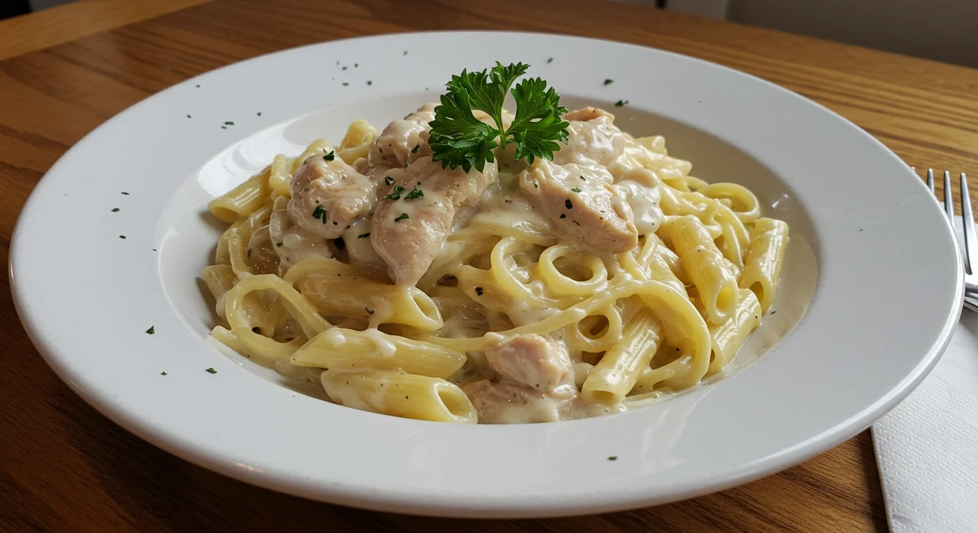 WW Chicken Alfredo WW Chicken Alfredo in a rustic white bowl, featuring creamy pasta, chicken, and parsley garnish, captured casually with natural light.