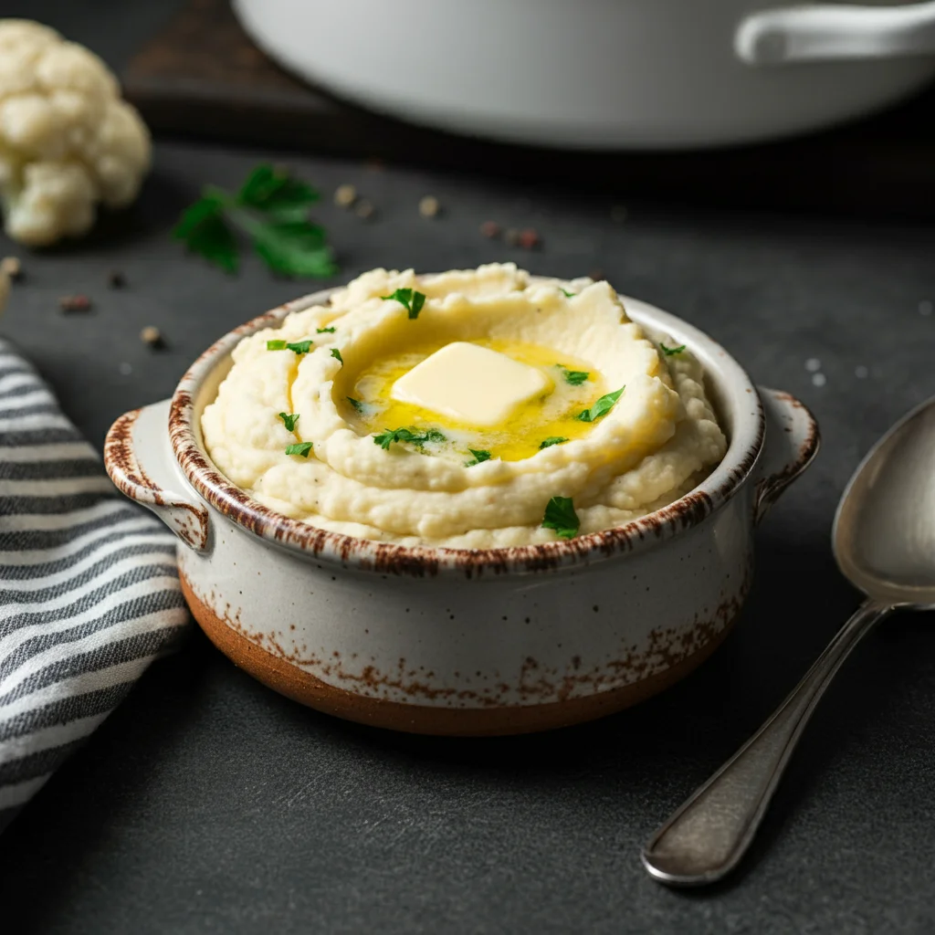 WW Garlic Mashed Cauliflower WW Garlic Mashed Cauliflower in a rustic ceramic bowl, topped with parsley and melting butter, on a wooden table with a spoon and towel.
