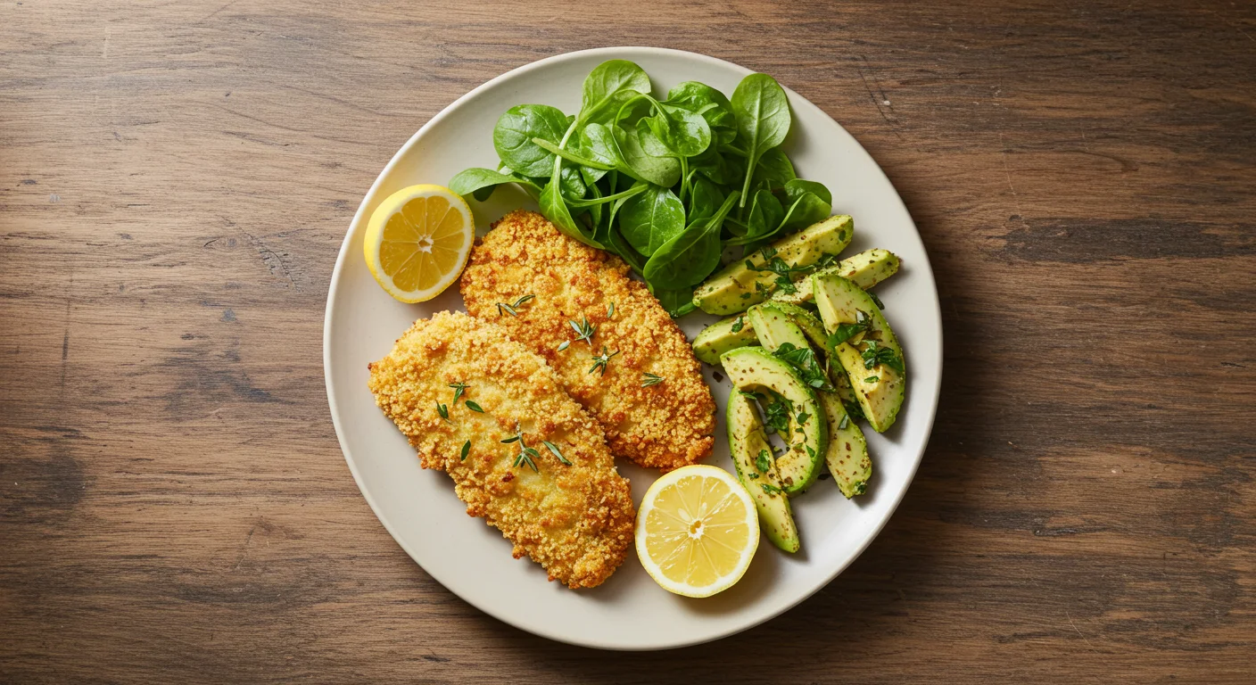 Keto Fish and Chips A plate of Keto Fish and Chips with crispy fish, zucchini fries, avocado wedges, salad leaves, and a lemon wedge, taken from above with a cozy, homemade feel.