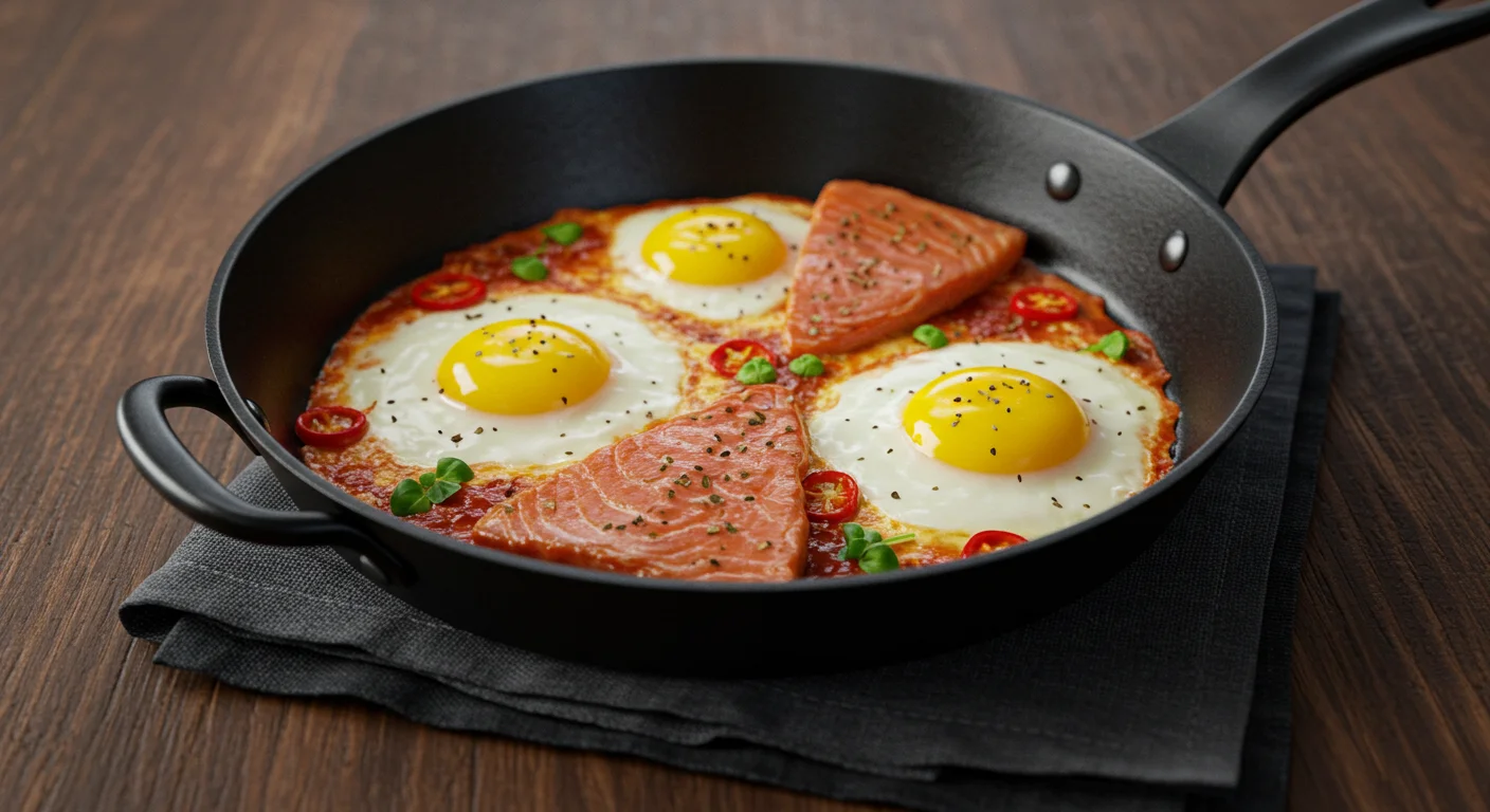 Keto Eggs & Smoked Salmon Keto eggs and smoked salmon in black pans with creamy sauce and thyme, captured on a wooden table with a linen napkin.