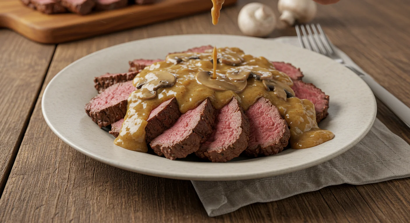 keto Beef Tenderloin and Mushroom Sauce Handheld photo of keto Beef Tenderloin and Mushroom Sauce with medium-rare beef slices and mushroom sauce on a rustic wooden table.