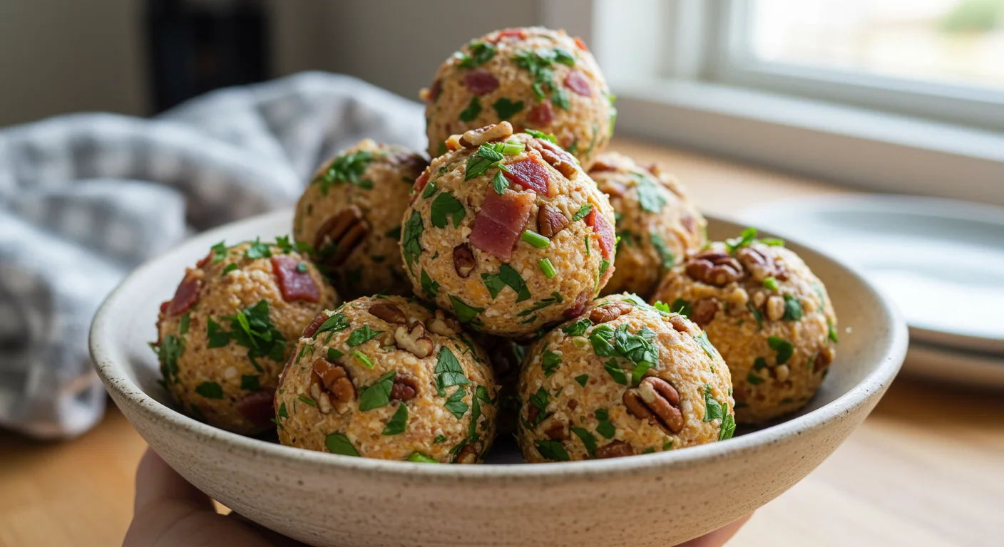 keto Cheese Balls Casual photo of keto cheese balls on a wooden board, coated with bacon, pecans, and parsley, with a blurred kitchen background.