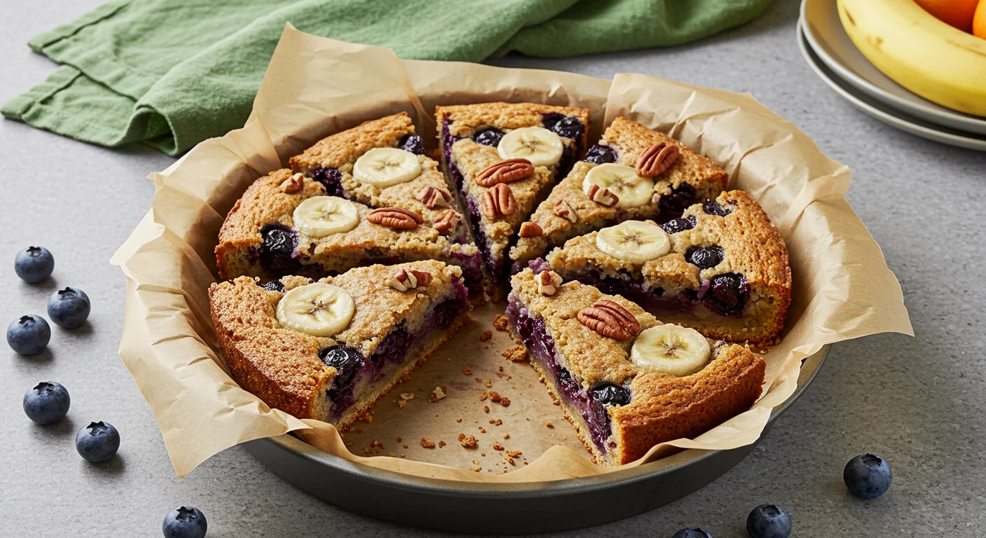WW Blueberry Banana Breakfast WW Blueberry, Pecan, and Banana Breakfast slices in a parchment-lined tin, garnished with blueberries and pecans, on a kitchen counter with a coffee cup nearby.