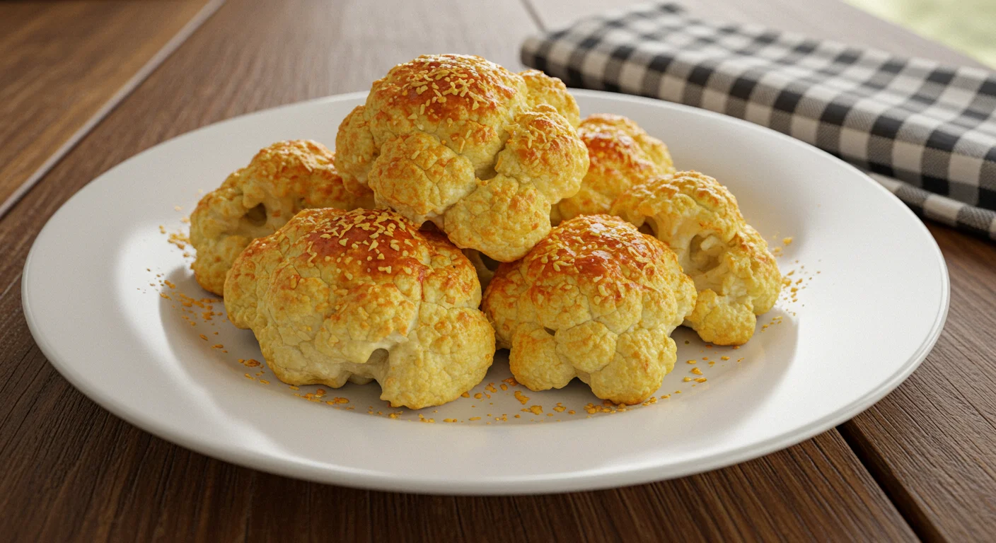 Keto Smoky Cauliflower Homemade keto smoky cauliflower on a rustic plate with a checkered napkin in the background.