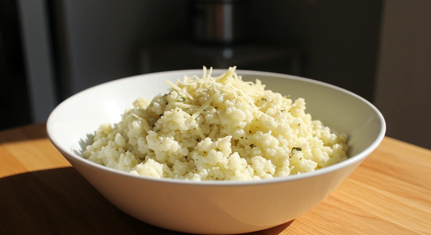Keto Garlic Asiago Cauliflower Rice Casual handheld photo of Keto Garlic Asiago Cauliflower Rice in a bowl on a wooden table.