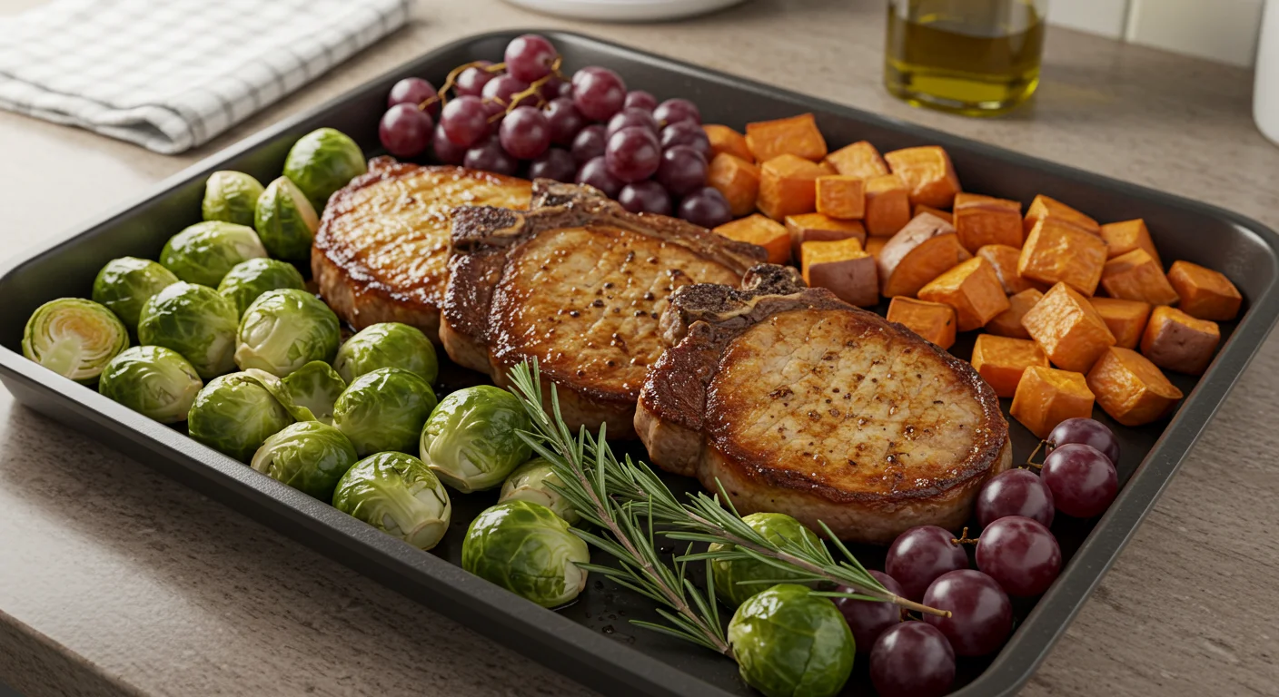WW Rosemary Pork WW Rosemary Pork freshly baked on a sheet pan with pork chops, roasted vegetables, and grapes, captured casually in a kitchen setting.