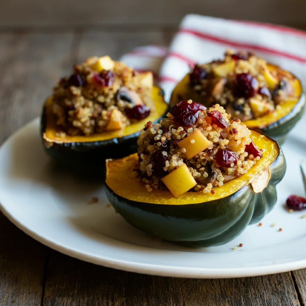 WW Quinoa Stuffed Acorn Squash Handheld photo of roasted quinoa stuffed acorn squash on a white plate with colorful stuffing, set on a rustic wooden table.