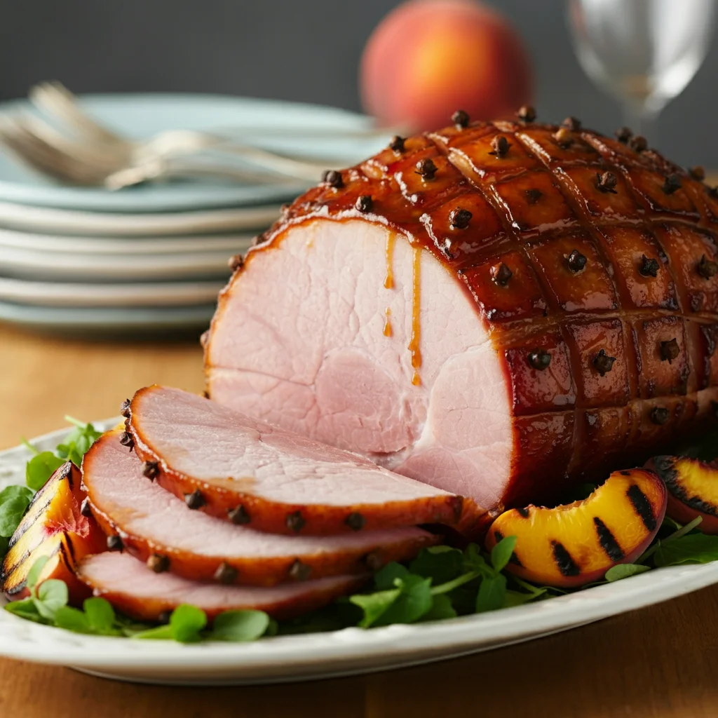 WW Orange-Glazed Ham with Grilled Peaches Orange Glazed Ham with grilled peaches and watercress on a white platter, captured from a casual, handheld angle with a blurred kitchen background.