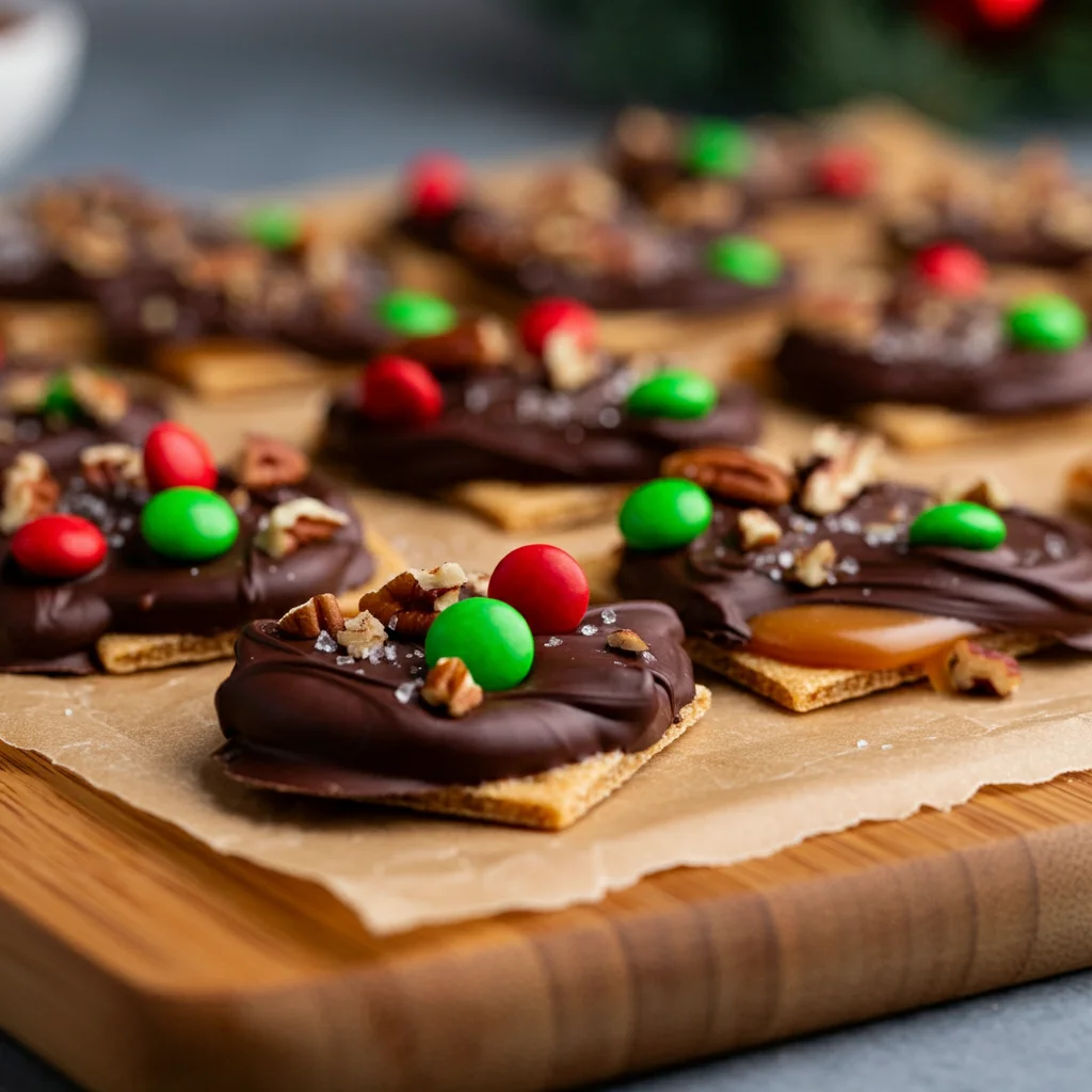 Keto Christmas Cracker Candy
Keto Christmas Cracker Candy on a parchment-lined cutting board with festive toppings, taken in warm, casual lighting.