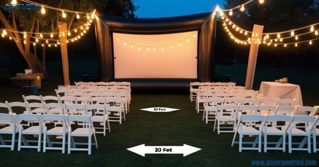 Outdoor movie night setup with 20 foot inflatable screen, seating, lights, and banner.