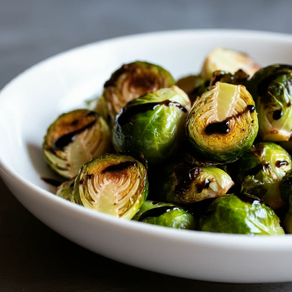 Roasted Brussels Sprouts with Balsamic Glaze Side view of roasted Brussels sprouts in a white bowl, glazed with balsamic and lit with soft natural light.