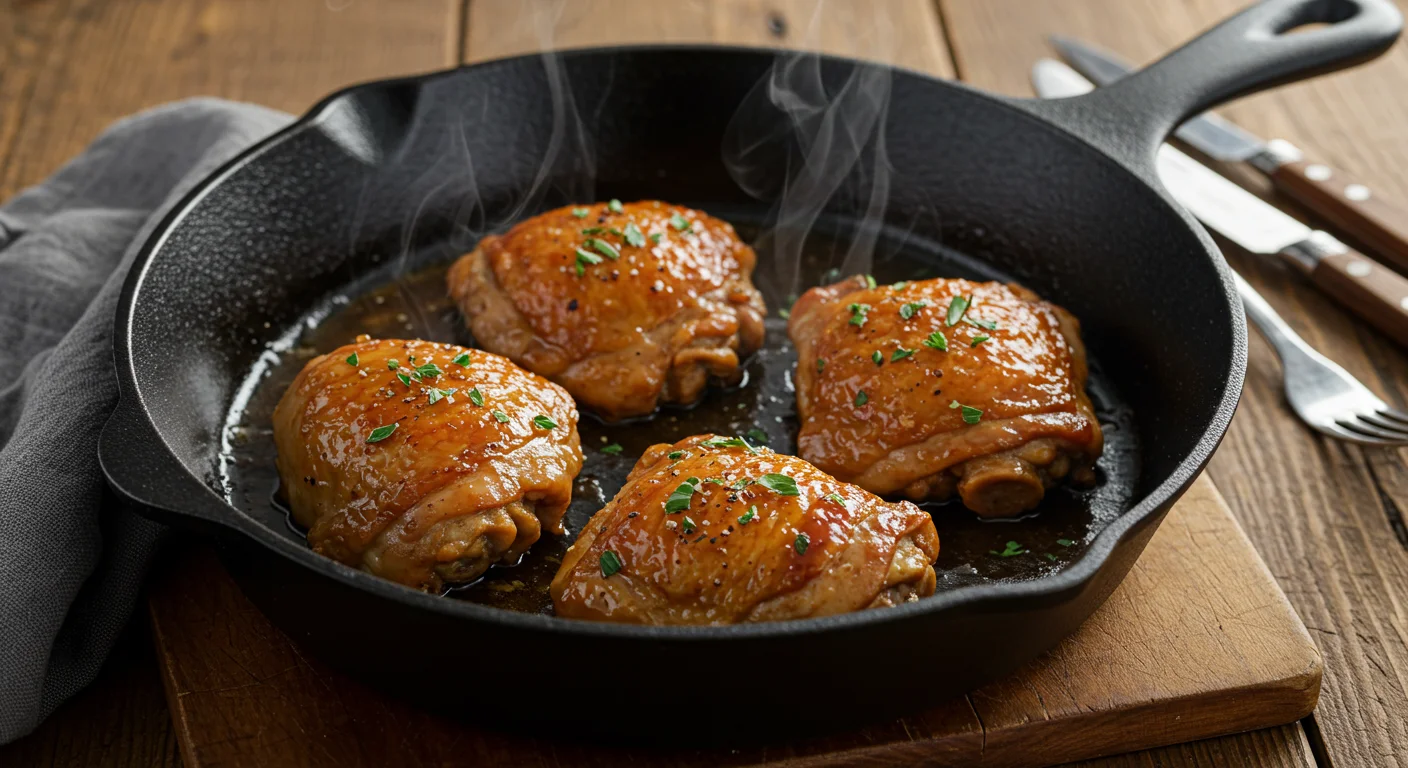 keto Fiery Sweet Chicken Thighs Handheld photo of keto chicken thighs in a skillet on a wooden table with a towel and utensils nearby, in warm natural light.