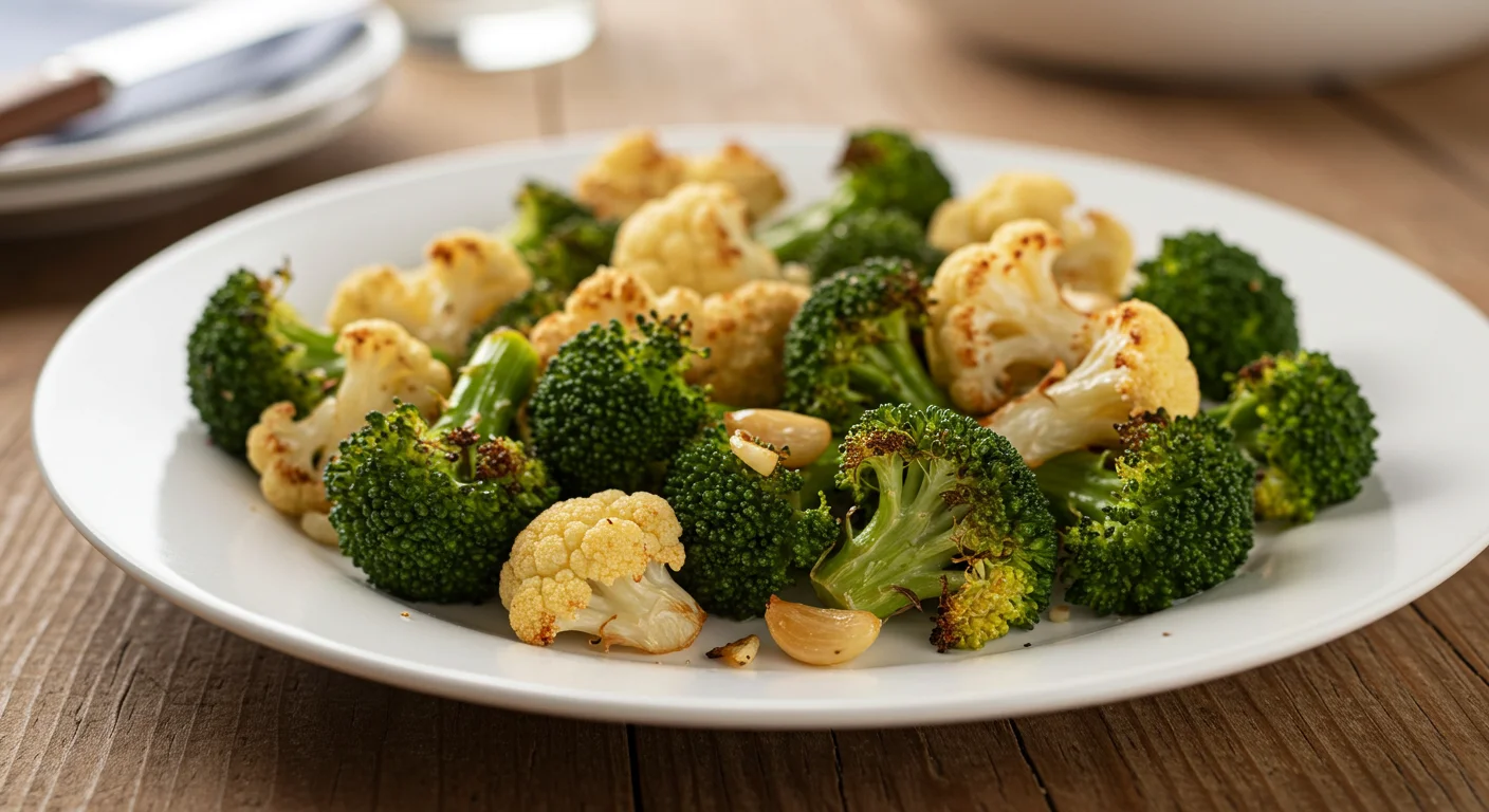 keto Roasted Broccoli and Cauliflower Close-up of golden roasted broccoli and cauliflower on a white plate with a rustic wooden background.
