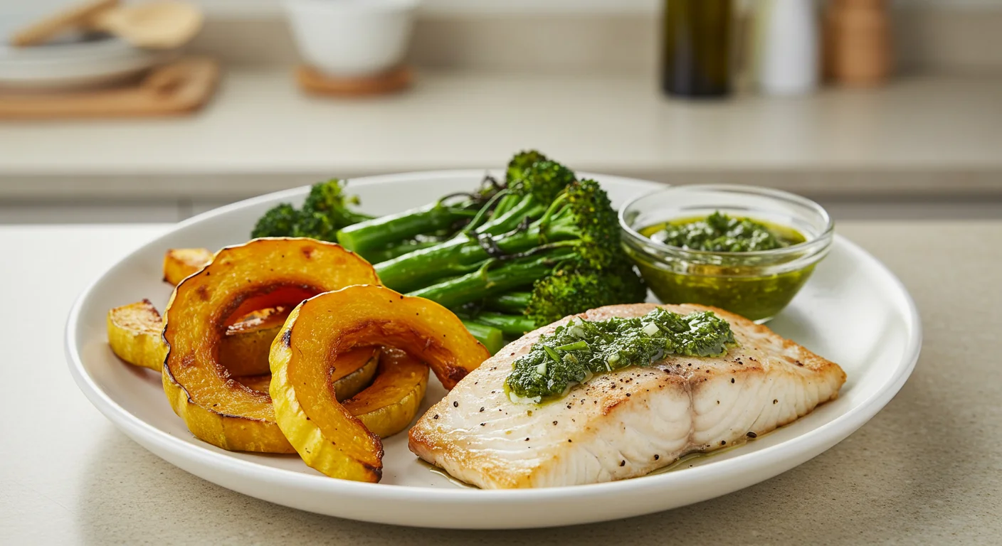 WW Chimichurri-Arctic Char & Vegetables Close-up of WW Chimichurri-Arctic Char & Vegetables featuring roasted squash, flaky Arctic char, and chimichurri sauce, with a soft kitchen background.