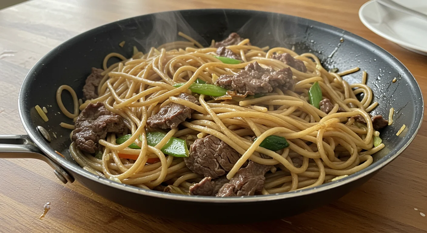 WW Teriyaki noodle beef stir-fry Side-angle of WW Teriyaki Noodle Beef Stir-Fry in a frying pan on a wooden table with steaming noodles, beef, and green beans in teriyaki sauce.