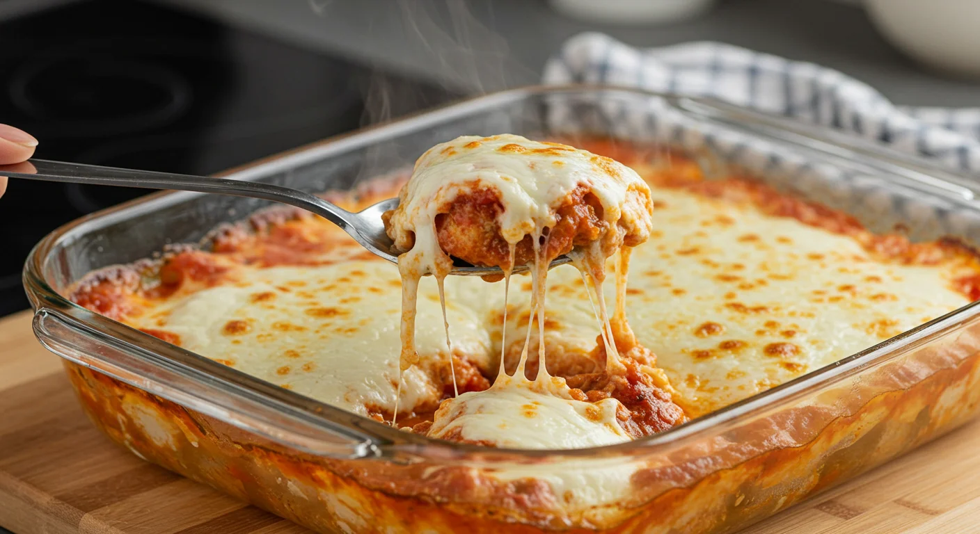WW Chicken Parmesan Casserole Side view of baked Chicken Parmesan Casserole showing golden topping, bubbling cheese, and a serving spoon.