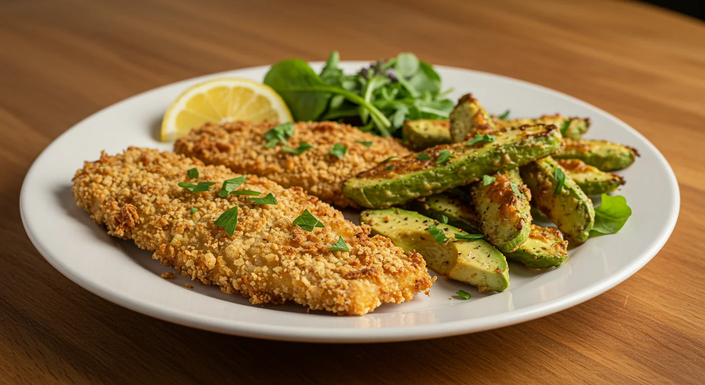 Keto Fish and Chips Side view of crispy Keto Fish and Chips with fries, salad, and a lemon wedge, captured casually on a wooden table.