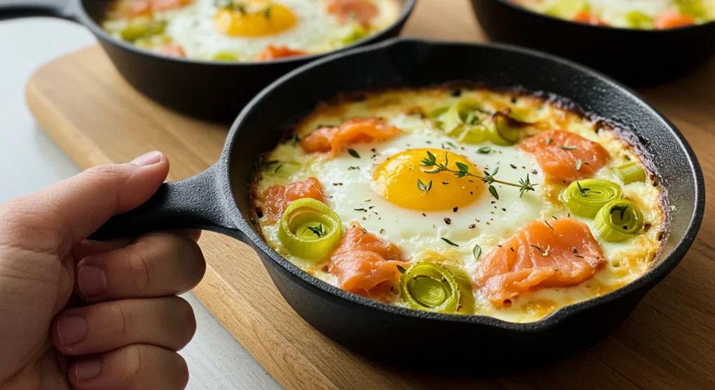 Keto Eggs & Smoked Salmon Close-up of keto eggs and salmon in black pans, showing golden yolks, creamy sauce, and thyme, taken from a side angle.