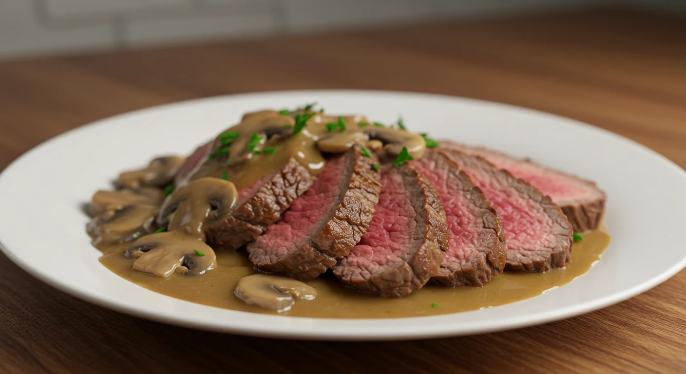 keto Beef Tenderloin and Mushroom Sauce Side view of keto Beef Tenderloin with creamy mushroom sauce on a wooden table, captured casually with natural lighting.