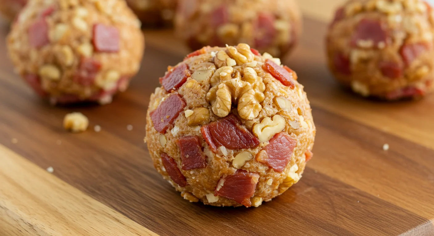 keto Cheese Balls Close-up of a keto cheese ball in focus, coated with bacon, pecans, and parsley, with others blurred in the background.