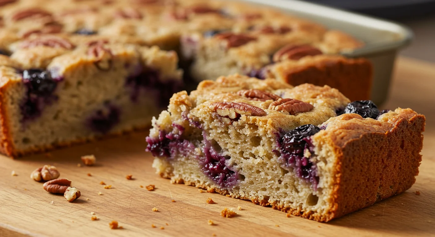 WW Blueberry Banana Breakfast Close-up of a slice of WW Blueberry, Pecan, and Banana Breakfast, showcasing texture, with a blurred cozy kitchen background.