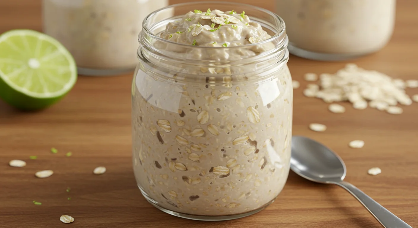 WW Coconut Lime Oats Side view of WW Coconut and Lime Overnight Oats in a jar with visible creamy layers, lime wedge, and toppings on a wooden table.