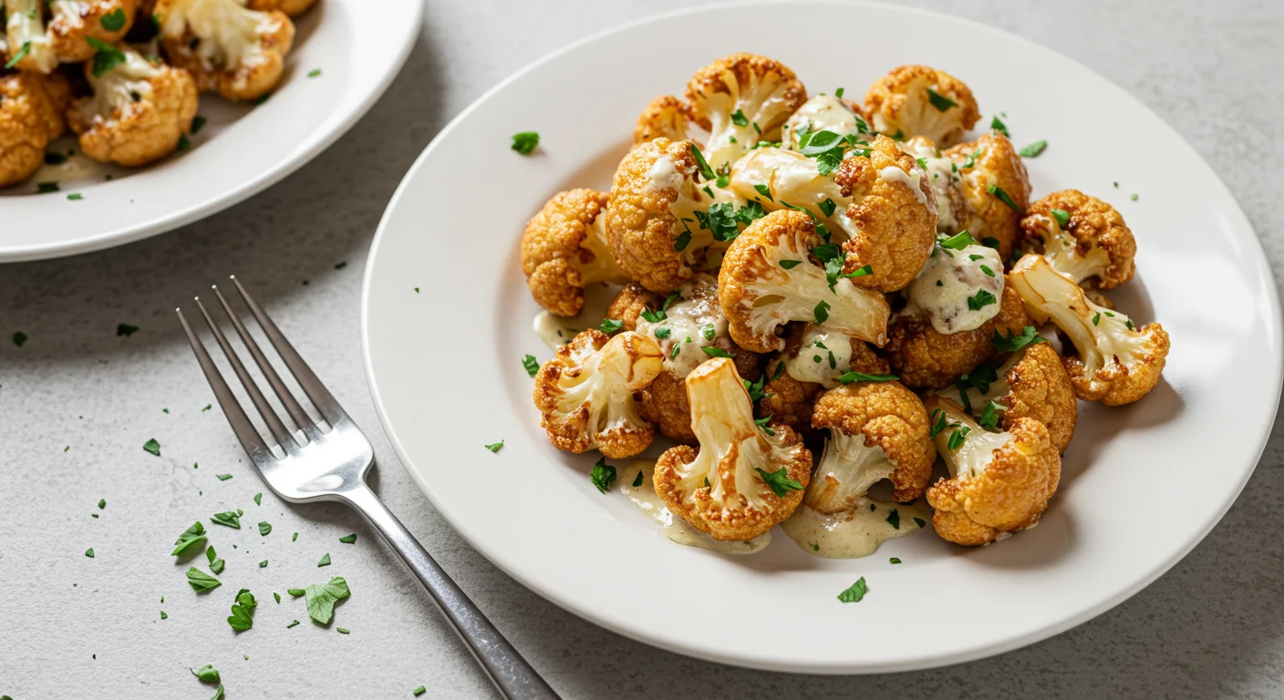 Keto Smoky Cauliflower Overhead shot of creamy keto smoky cauliflower with parsley crumbs and a fork on the side.