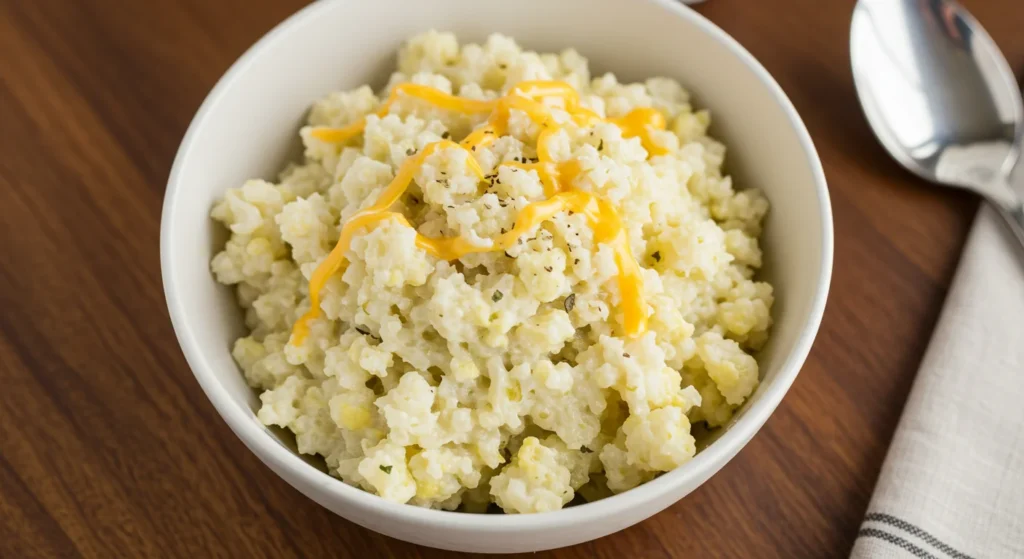 Keto Garlic Asiago Cauliflower Rice Close-up side-angle of Keto Garlic Asiago Cauliflower Rice in a white bowl on a rustic table.