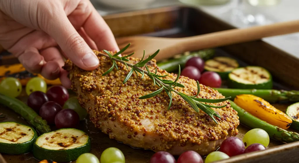 WW Rosemary Pork Close-up of WW Rosemary Pork on a sheet pan, focusing on pork chops with roasted vegetables and blistered grapes.