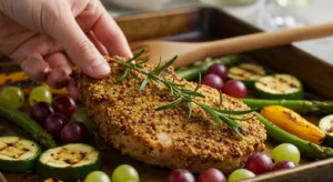WW Rosemary Pork Close-up of WW Rosemary Pork on a sheet pan, focusing on pork chops with roasted vegetables and blistered grapes.