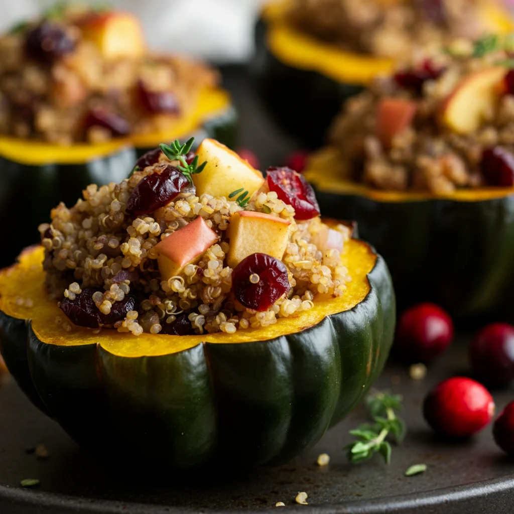 WW Quinoa Stuffed Acorn Squash Close-up of roasted acorn squash filled with quinoa, cranberries, and apples, garnished with thyme on a wooden table.