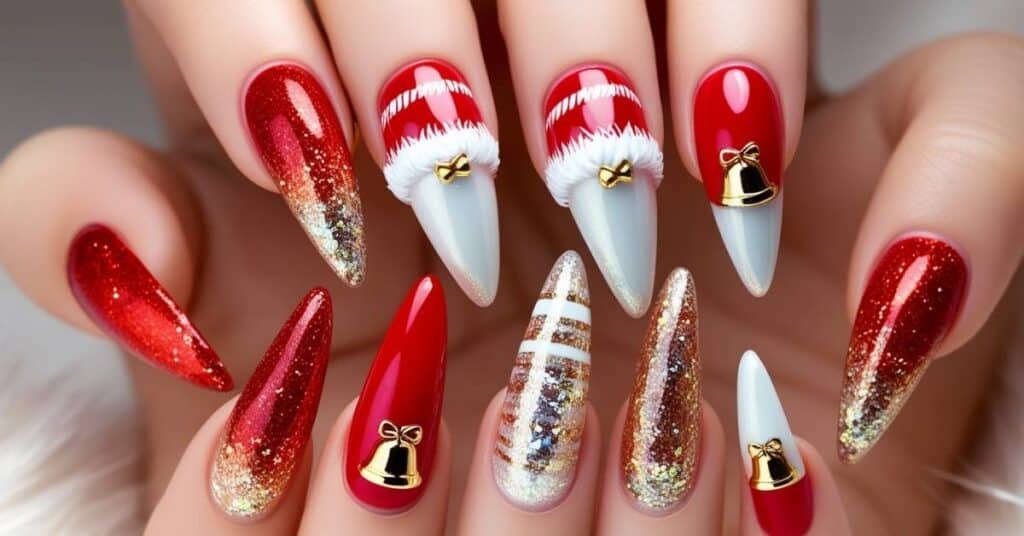 Santa hat inspired Christmas nails with red polish, white trims, 3D pom poms, and glittery tips in silver, gold, or festive hues.