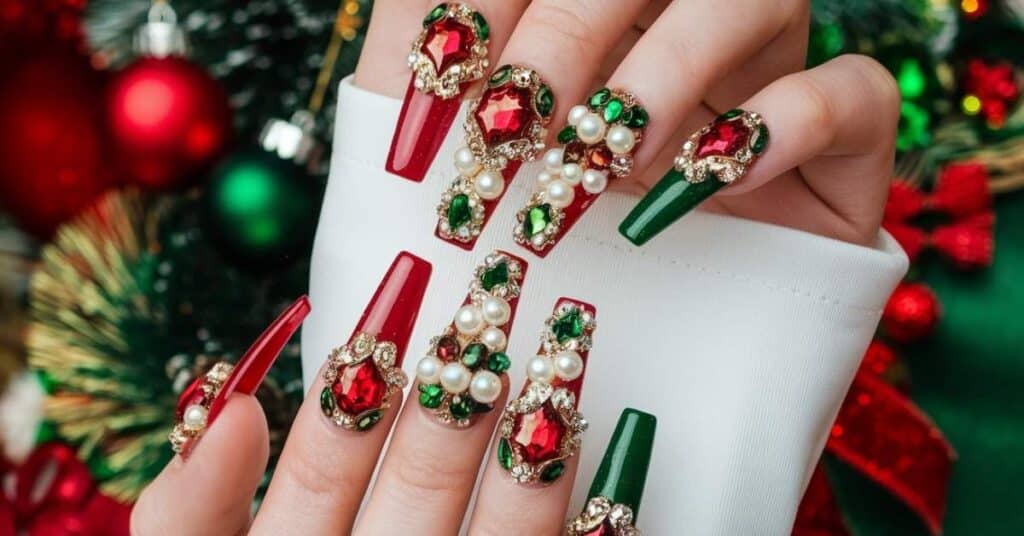 Long nails with 3D Christmas embellishments featuring jewels, pearls, and festive snowflake patterns