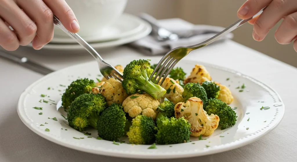 keto Roasted Broccoli and Cauliflower Classy plate of roasted broccoli and cauliflower garnished with parsley, with a fork in hand, ready to eat.
